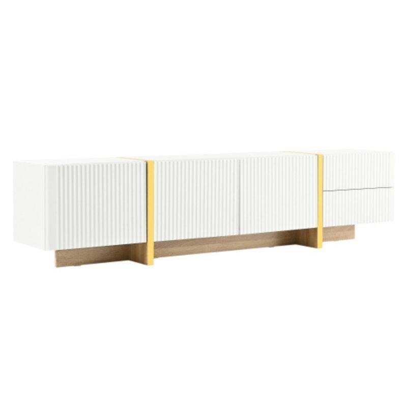 Beyaz Endüstriyel Ahşap Flüt Panelli Altın Ayaklı TV Ünitesi 190x35x45 cm - 79360