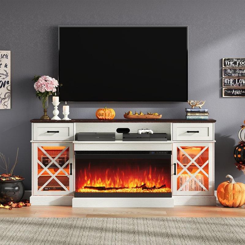 Beyaz Endüstriyel Ahşap Kır Evi TV Ünitesi 178x31x81 cm Elektrikli Şömineli - 80134