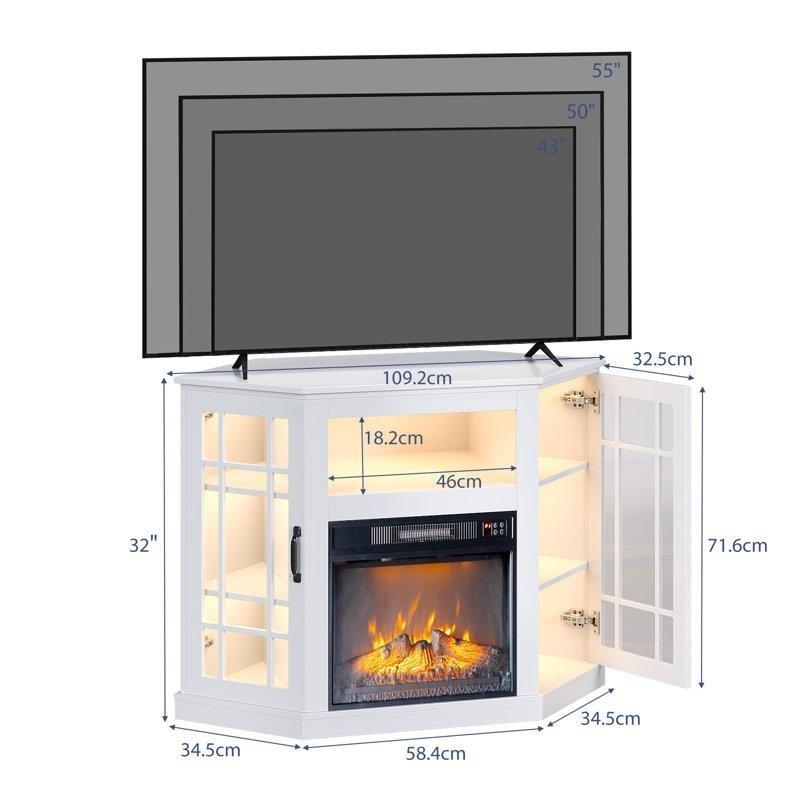 Beyaz Endüstriyel Ahşap Köşe TV Ünitesi 110x51x81 cm Elektrikli Şömineli Cam Kapaklı