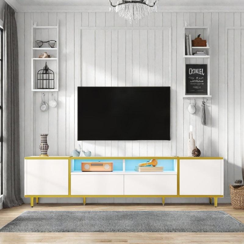 Beyaz Endüstriyel Ahşap LED Işıklı TV Ünitesi 180x40x45 cm - 79279