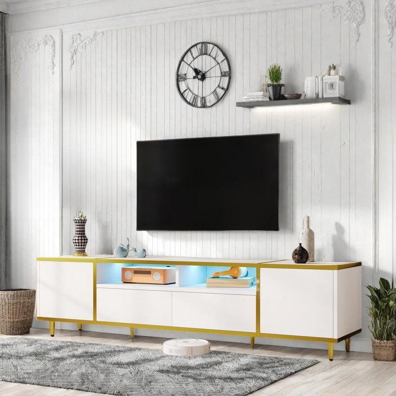 Beyaz Endüstriyel Ahşap LED Işıklı TV Ünitesi 180x40x45 cm - 79279