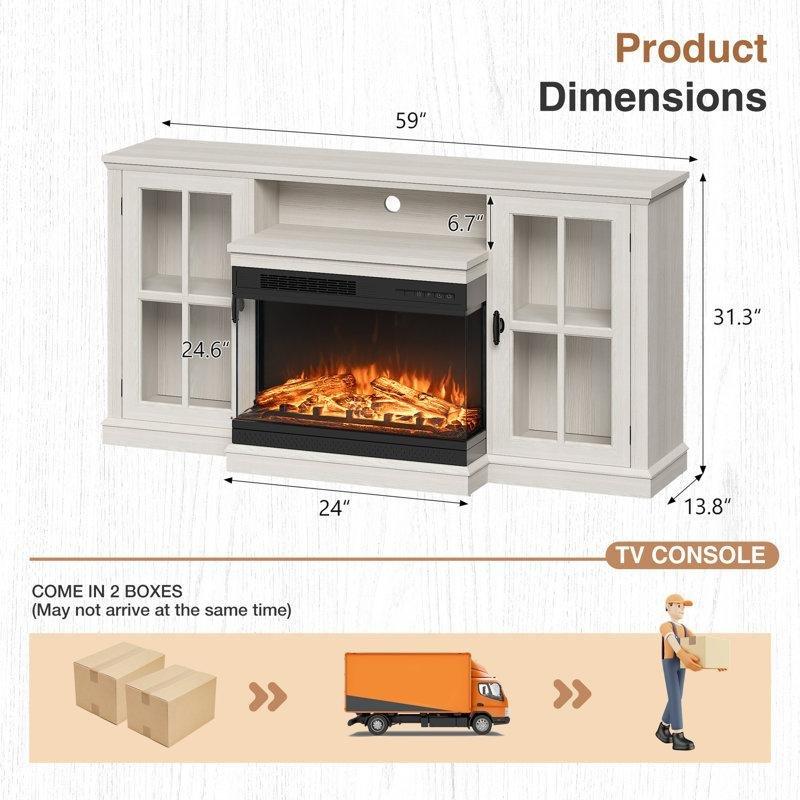 Beyaz Endüstriyel Ahşap Şömineli 65 İnç TV Ünitesi