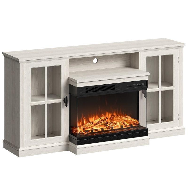 Beyaz Endüstriyel Ahşap Şömineli 65 İnç TV Ünitesi