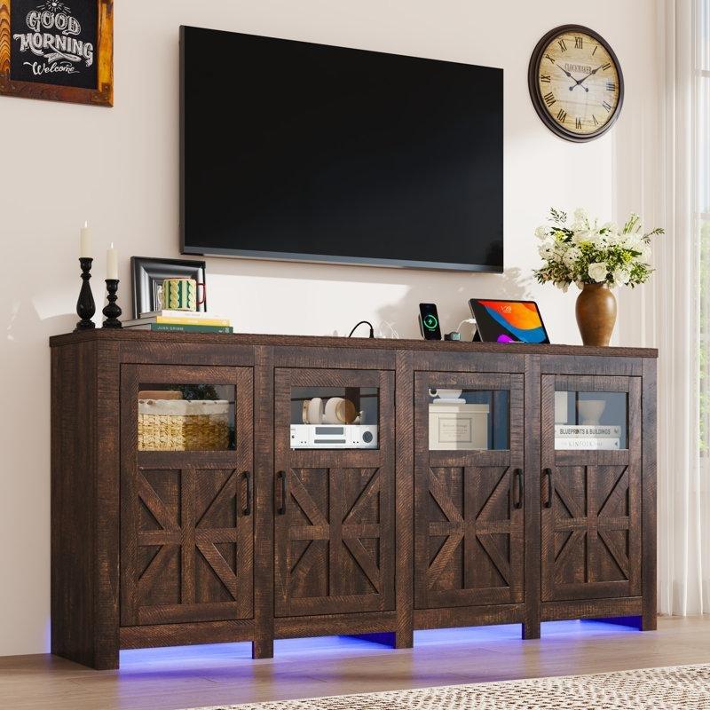 Beyaz Endüstriyel Ahşap TV Ünitesi 188x40x90 cm LED Aydınlatmalı 4 Kapaklı - 80071