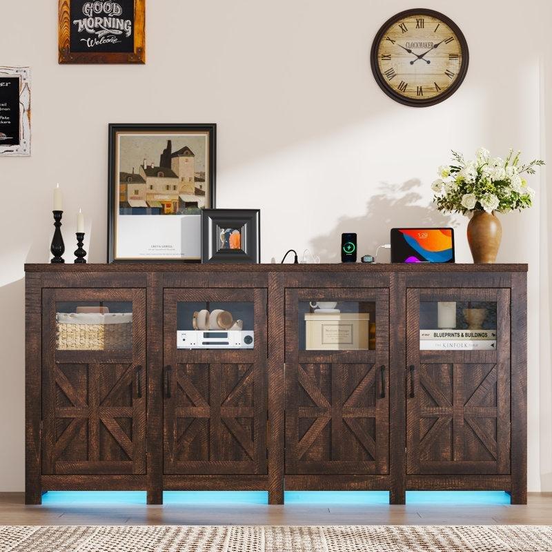 Beyaz Endüstriyel Ahşap TV Ünitesi 188x40x90 cm LED Aydınlatmalı 4 Kapaklı - 80071