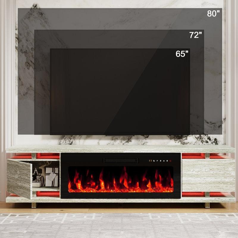 Beyaz Mermer Desenli Elektrikli Şömineli 175 cm TV Ünitesi