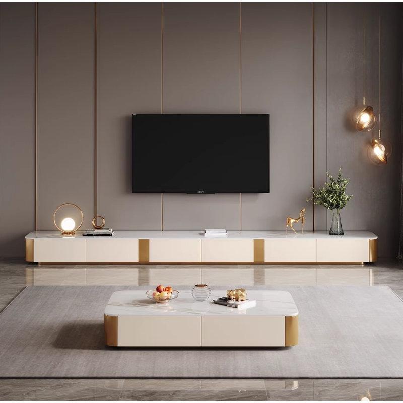 Beyaz Mermer Görünümlü Altın Detaylı TV Ünitesi 360 cm - 79354
