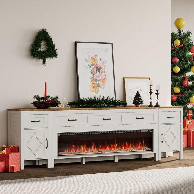 Beyaz Meşe Detaylı Şömineli 98 CM TV Ünitesi