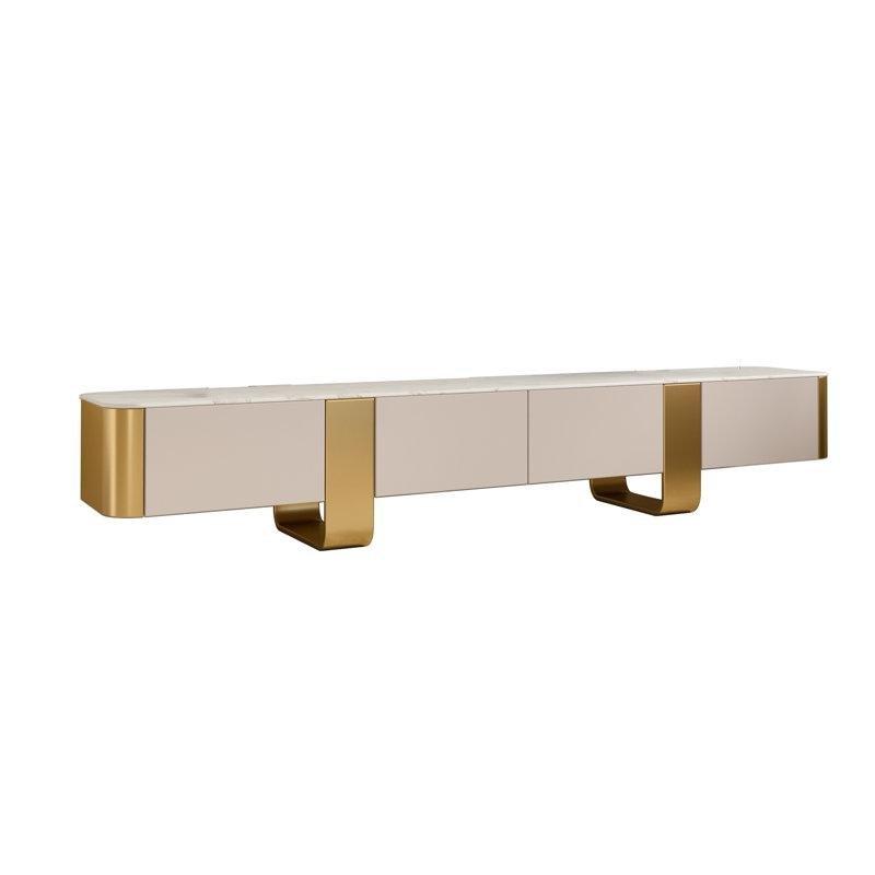 Beyaz Parlak Mermer Desenli Gold Paslanmaz Çelik 4 Çekmeceli TV Ünitesi 210x50 cm - 79321