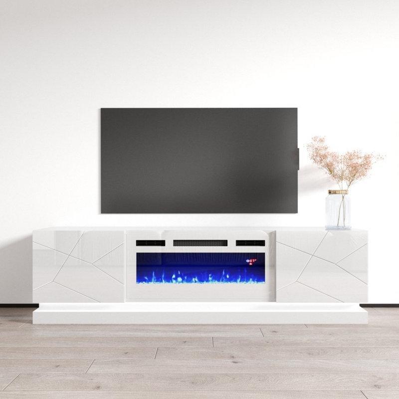 Beyaz Parlak Şömineli Modern TV Ünitesi 180 cm