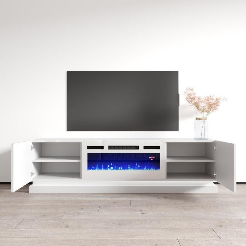 Beyaz Parlak Şömineli Modern TV Ünitesi 180 cm