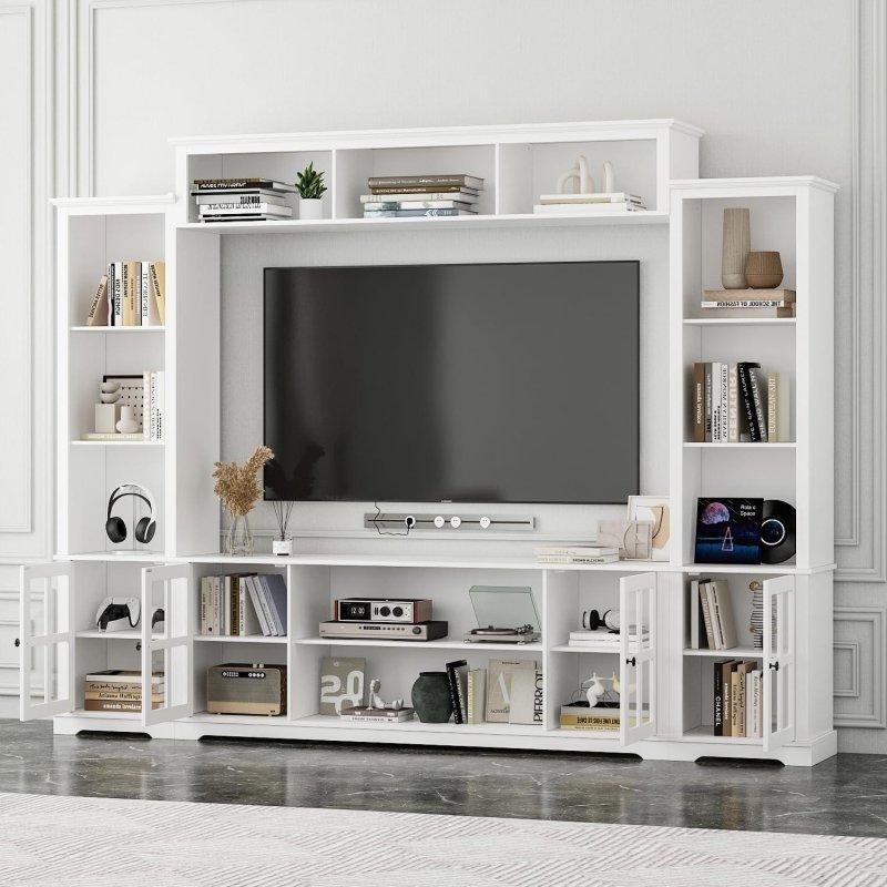 Beyaz Rustik Cam Kapaklı Çok Fonksiyonlu TV Ünitesi 180 cm