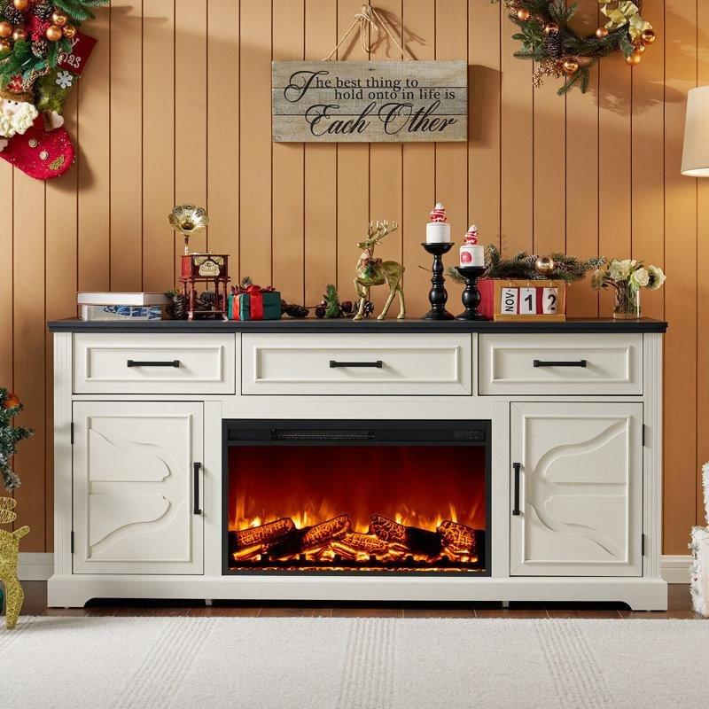 Beyaz Rustik Çizgili 70 cm Şömineli TV Ünitesi