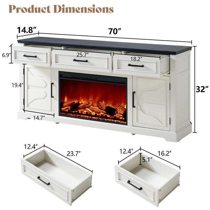 Beyaz Rustik Çizgili 70 cm Şömineli TV Ünitesi