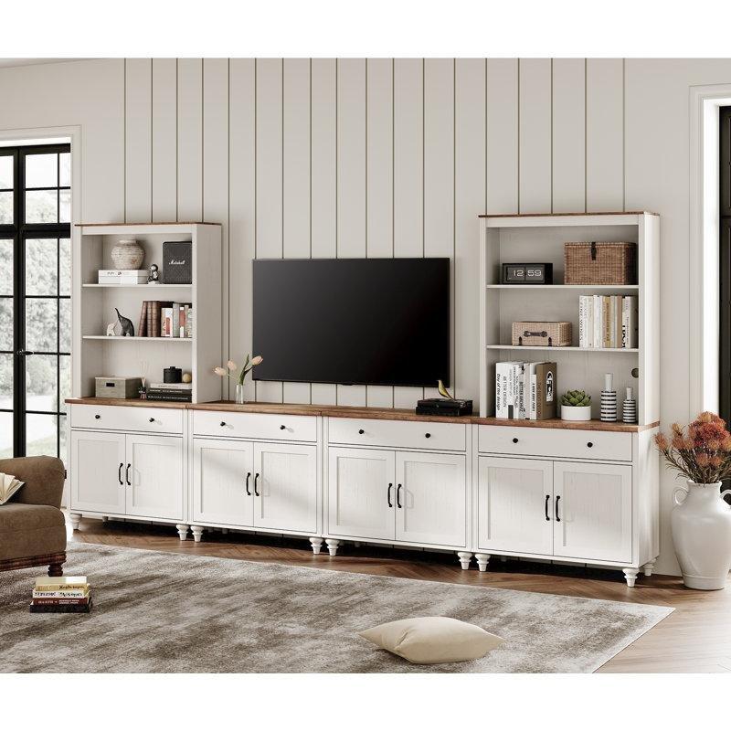 Beyaz Rustik Çok Fonksiyonlu 340 cm Kitaplıklı TV Ünitesi