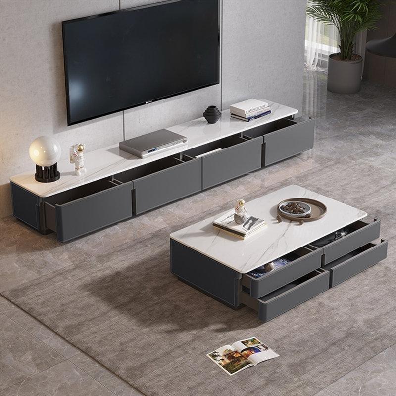 Beyaz Sinterli Taş Üstlü Gri Çekmeceli TV Ünitesi ve Orta Sehpa Takımı - 79600