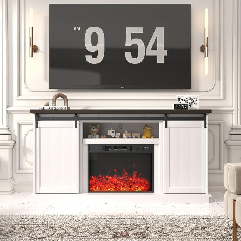 Beyaz Sürgülü Kapılı Şömineli Endüstriyel Ahşap TV Ünitesi 160x42x83 cm