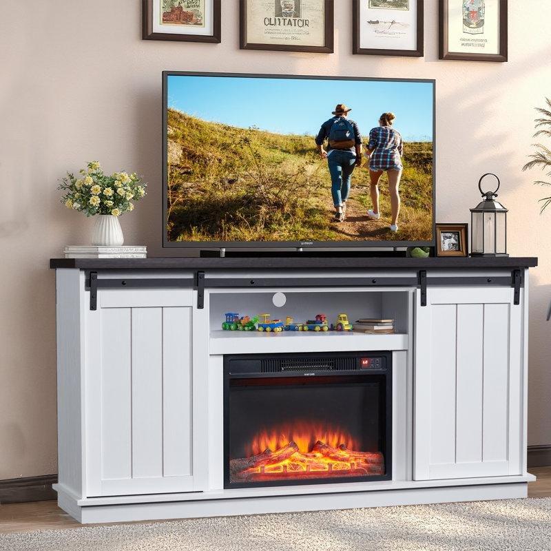 Beyaz Sürgülü Kapılı Şömineli Endüstriyel Ahşap TV Ünitesi 160x42x83 cm