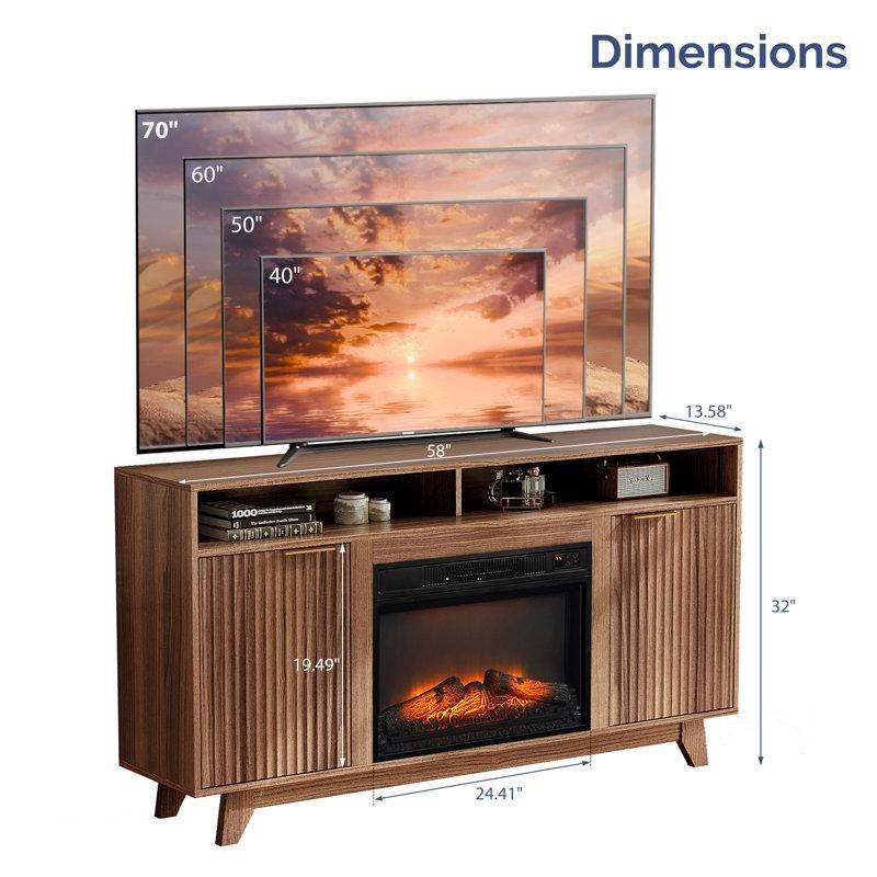 Beyaz ve Doğal Ahşap Çiftlik Tarzı Elektrikli Şömineli TV Ünitesi 147x34x81 cm - 80140