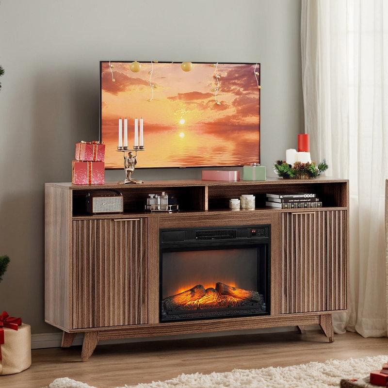 Beyaz ve Doğal Ahşap Çiftlik Tarzı Elektrikli Şömineli TV Ünitesi 147x34x81 cm - 80140
