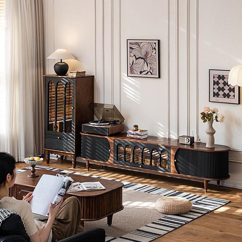 Çay Renkli Camlı TV Ünitesi ve Antik Bronz Kollu Orta Sehpa Takımı - 79621