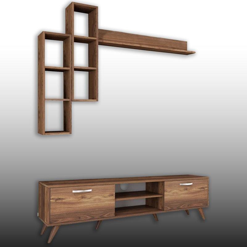 Ceviz Ahşap Kitaplıklı Modern TV Ünitesi 178 cm