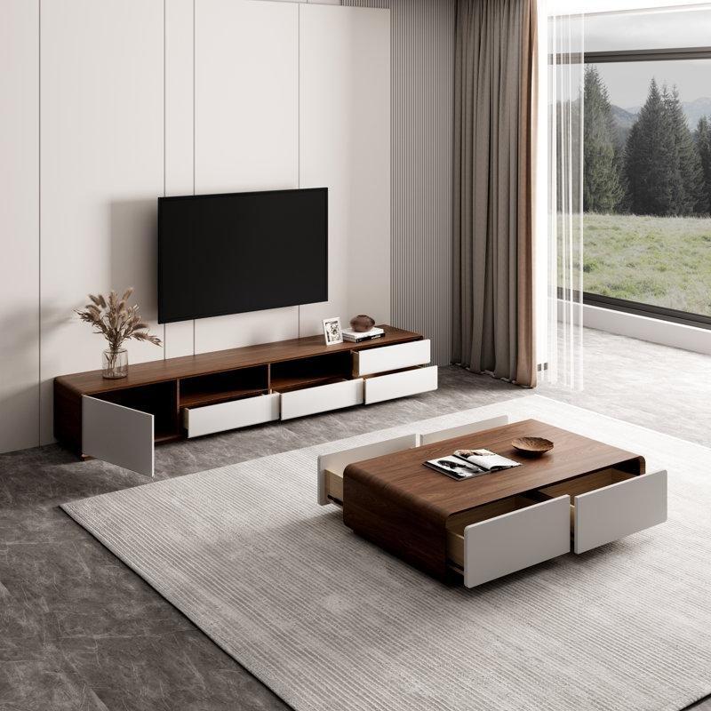 Ceviz Görünümlü Endüstriyel Ahşap TV Ünitesi 4 Çekmeceli Açık Raflı 40 cm Yükseklik - 78349