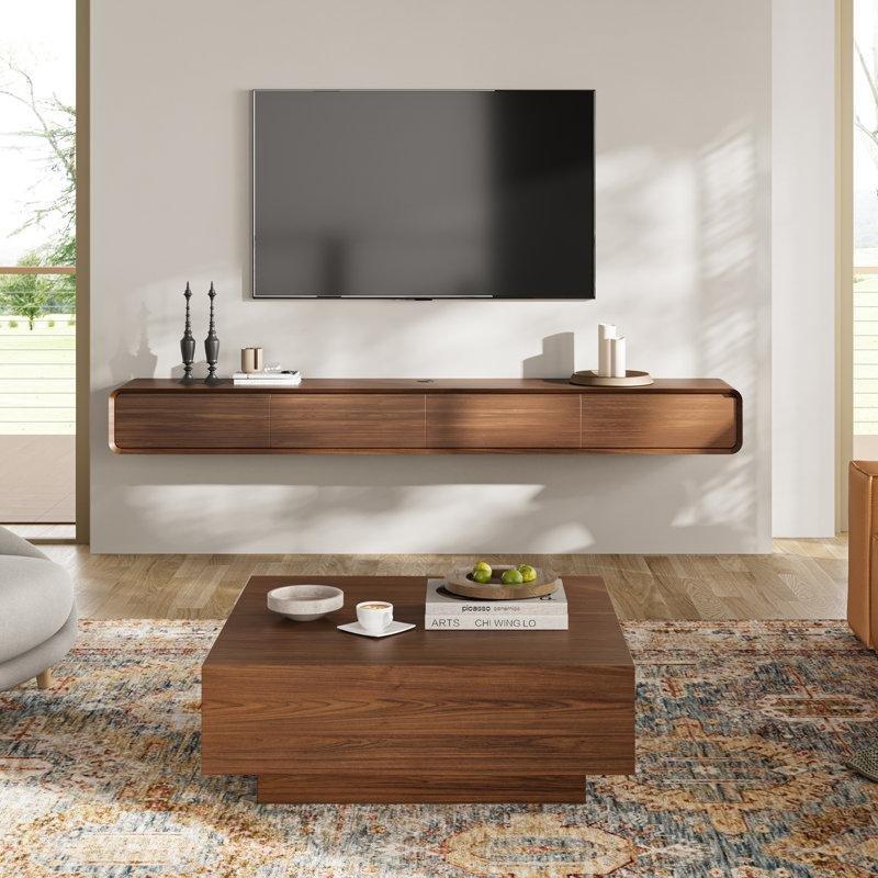 Ceviz Rengi Endüstriyel Ahşap Duvara Monte TV Ünitesi 240 cm ve Eşleşen 100 cm Kahve Masası - 78541