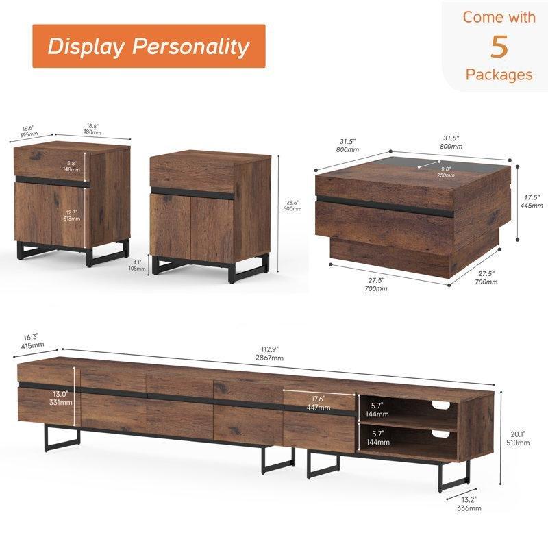 Ceviz Rengi Endüstriyel Ahşap TV Ünitesi ve Orta Sehpa Takımı 307x41x51 cm - 79885