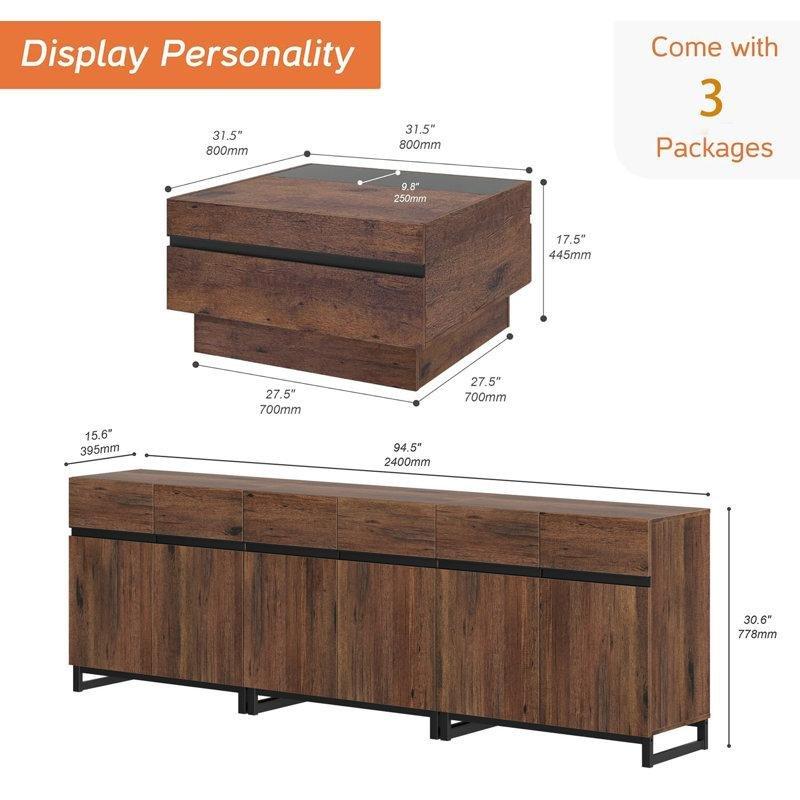 Ceviz Rengi Endüstriyel Ahşap TV Ünitesi ve Yuvarlak Cam Orta Sehpa Takımı - 79522