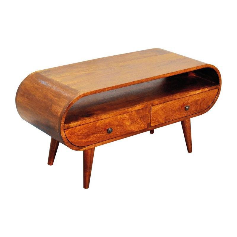 Ceviz Rengi Masif Mango Ahşap 90 cm Genişliğinde Yuvarlak Tasarımlı Mini TV Ünitesi - 80203