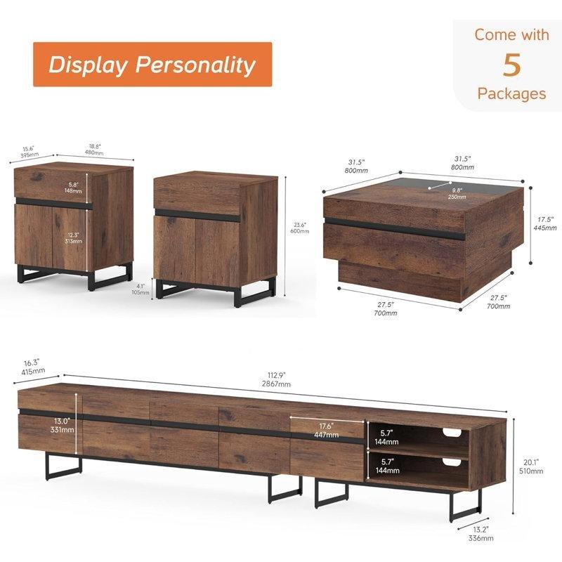 Ceviz Renginde Cam Tablalı Modern Oturma Odası Takımı 307x41x51 cm - 79558