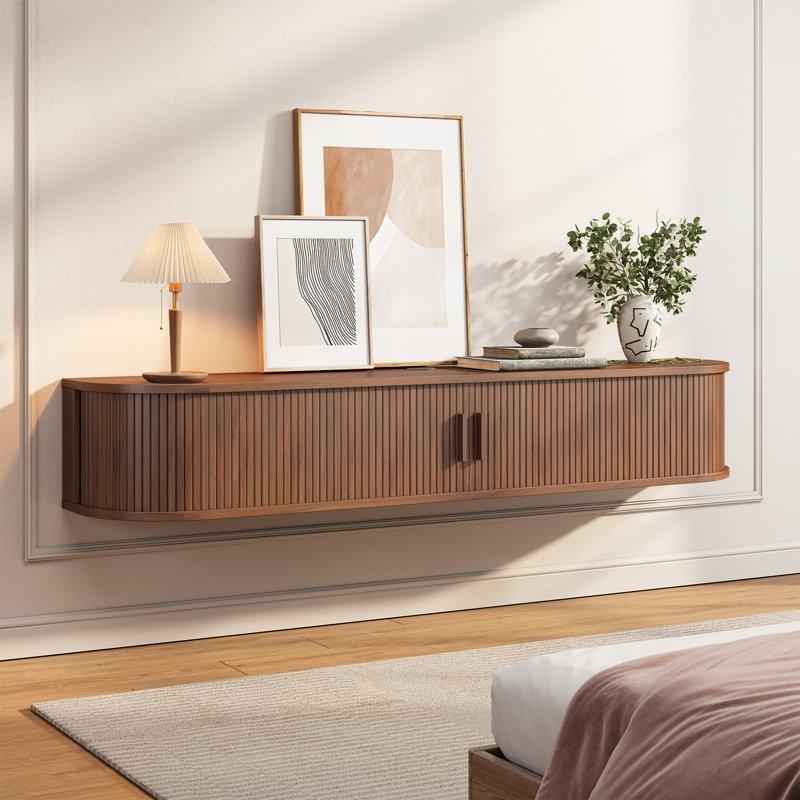 Ceviz Renginde Endüstriyel Ahşap Duvara Monte TV Ünitesi 160x30x22 cm RGB Işıklı - 78538