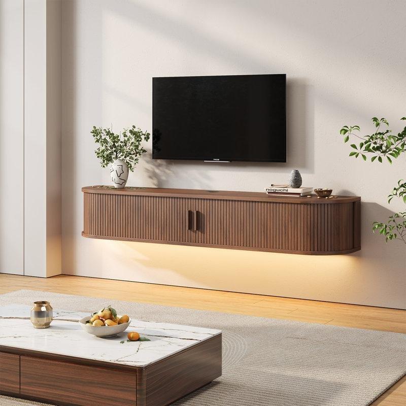 Ceviz Renginde Endüstriyel Ahşap Duvara Monte TV Ünitesi 160x30x22 cm RGB Işıklı - 78538