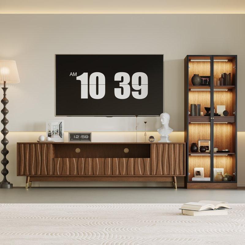 Ceviz Renkli Endüstriyel Ahşap Dolaplı TV Ünitesi 200x160 cm Açık Raflı Cam Vitrin Kombinesi - 78811