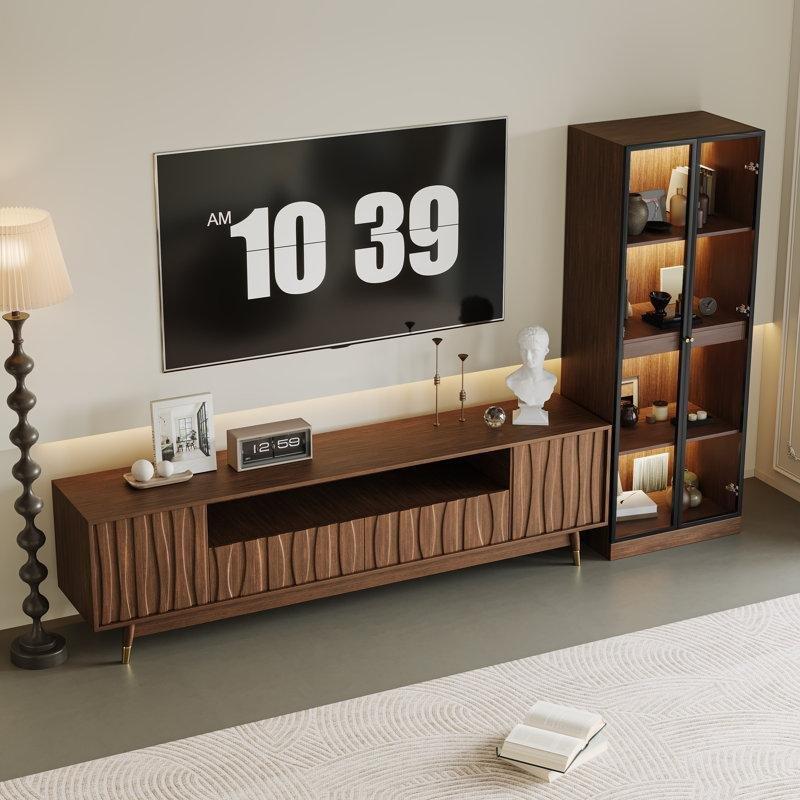 Ceviz Renkli Endüstriyel Ahşap Dolaplı TV Ünitesi 200x160 cm Açık Raflı Cam Vitrin Kombinesi - 78811