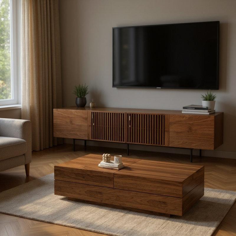 Ceviz Renkli Endüstriyel Ahşap TV Ünitesi ve Orta Sehpa Takımı 240x80 cm - 79489