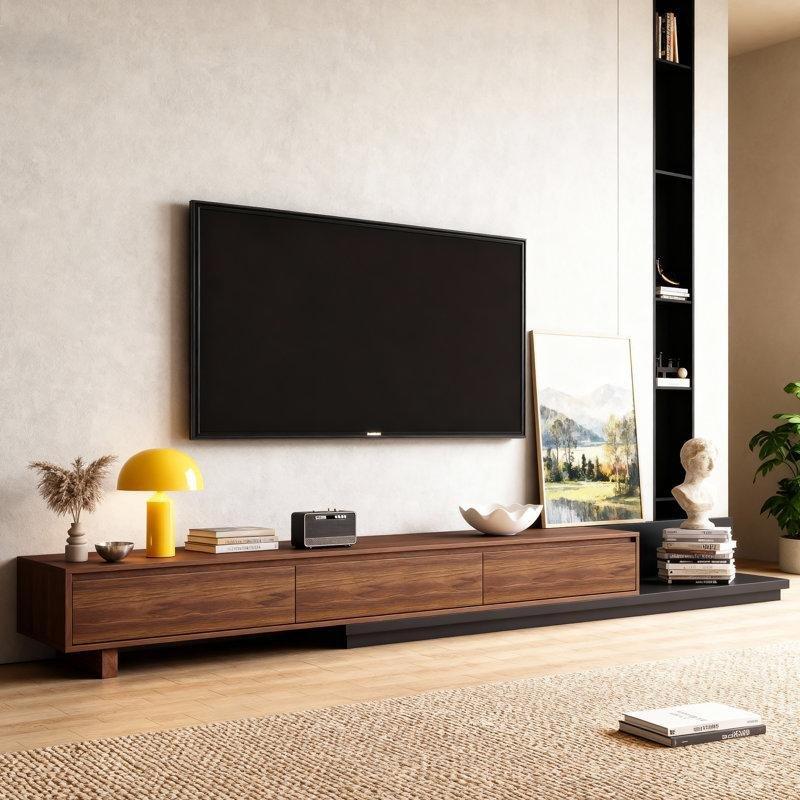 Ceviz ve Gri Renkli Genişletilebilir 200 cm Masif TV Ünitesi 3 Çekmeceli - 78316