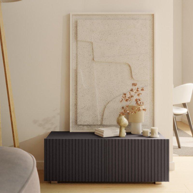 Çift Kapılı Siyah Mat Rifli TV Ünitesi 100x35 cm - 78931