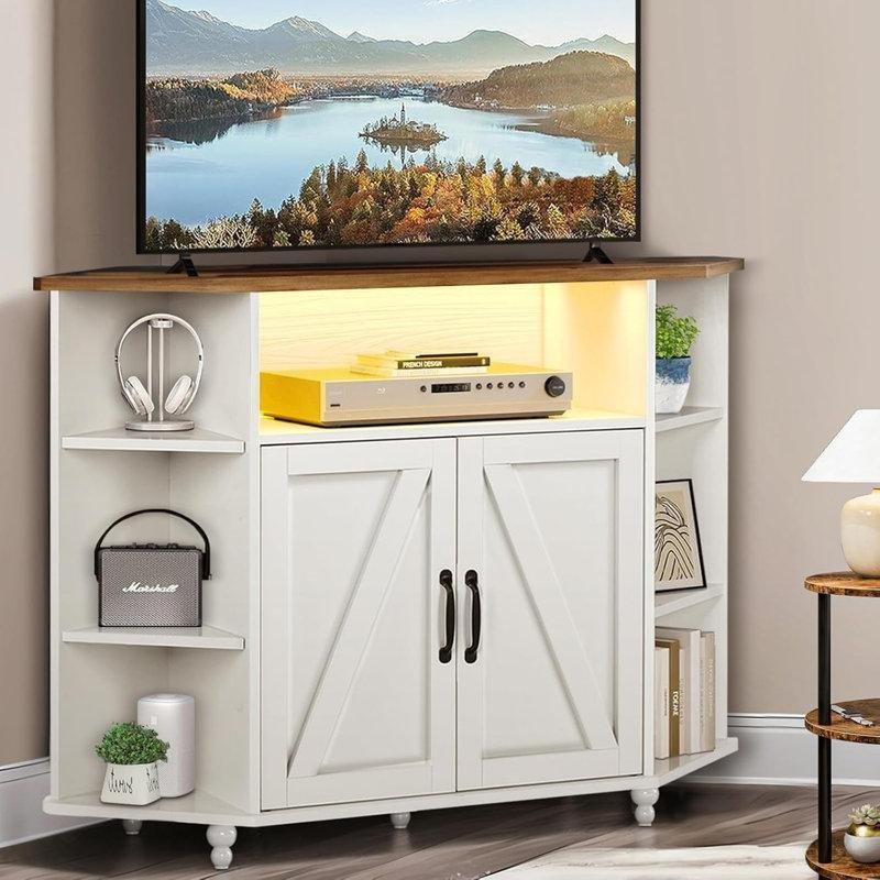 Çiftlik Tarzı Beyaz Köşe TV Ünitesi 115x40x81 cm LED Aydınlatmalı Açık Depolama