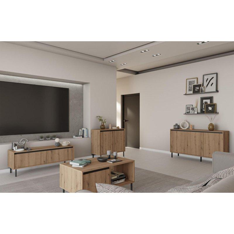Çizgili Meşe Desenli Metal Ayaklı TV Sehpası 140 cm