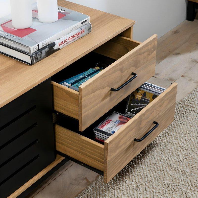 Doğal Ahşap Desenli Siyah Çizgili TV Sehpası 141 cm