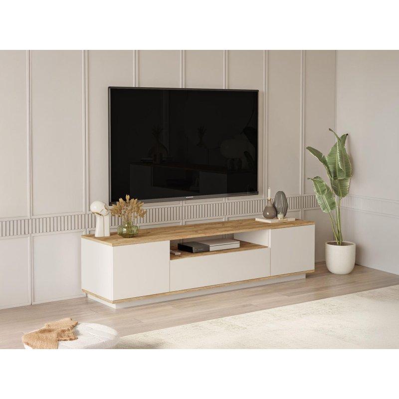 Doğal Ahşap Detaylı Beyaz TV Sehpası 180 cm