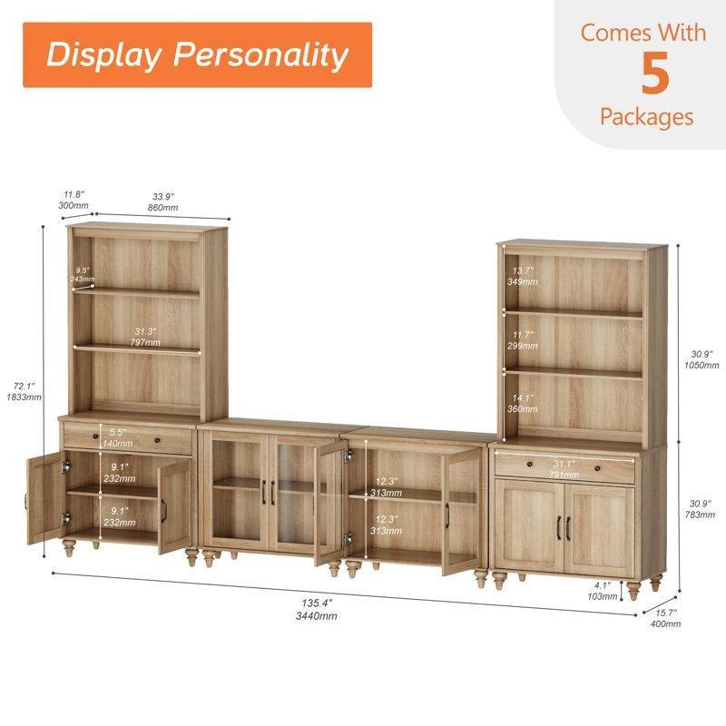 Doğal Ahşap Görünümlü Kitaplıklı 75 İnç TV Ünitesi