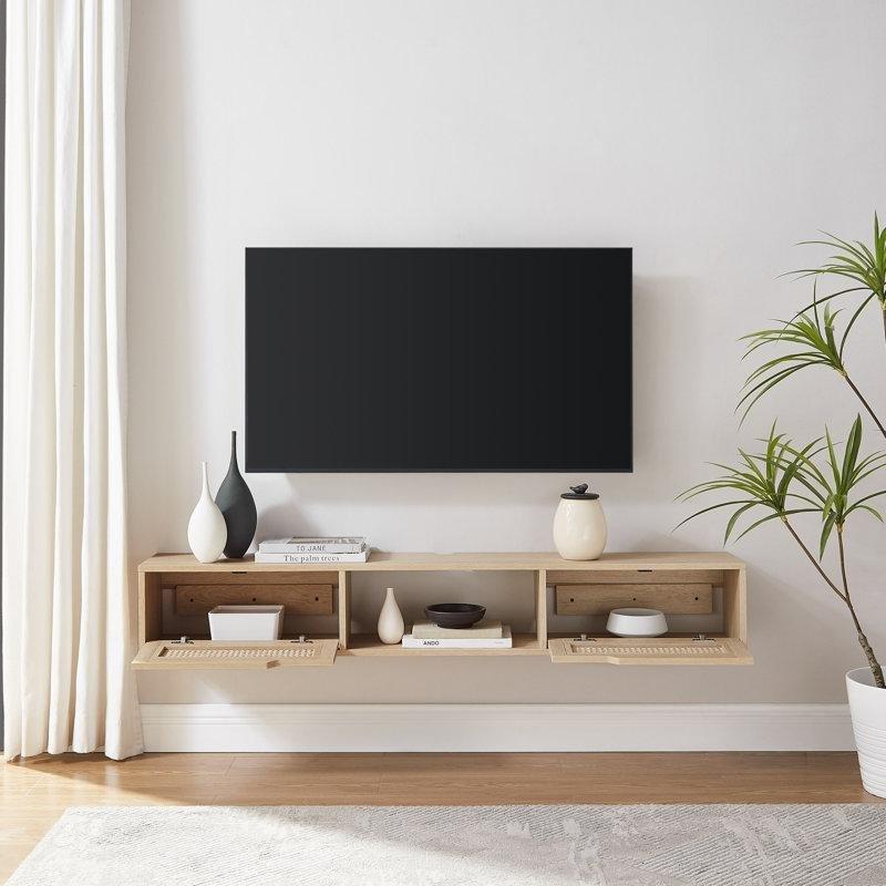 Doğal Ahşap Sahil Temalı 147 cm Duvara Monte TV Ünitesi Açılır Kapılar - 78373
