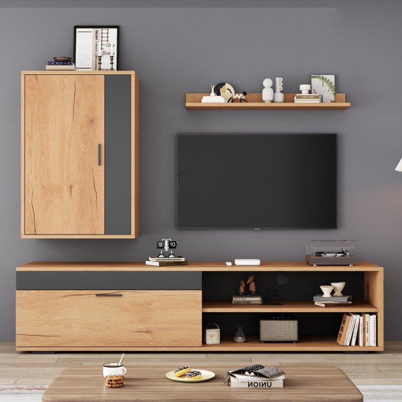 Doğal Ahşap ve Siyah Detaylı Modern TV Ünitesi Seti 140 cm