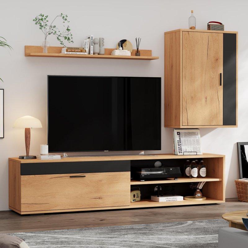 Doğal Ahşap ve Siyah Detaylı Modern TV Ünitesi Seti 140 cm