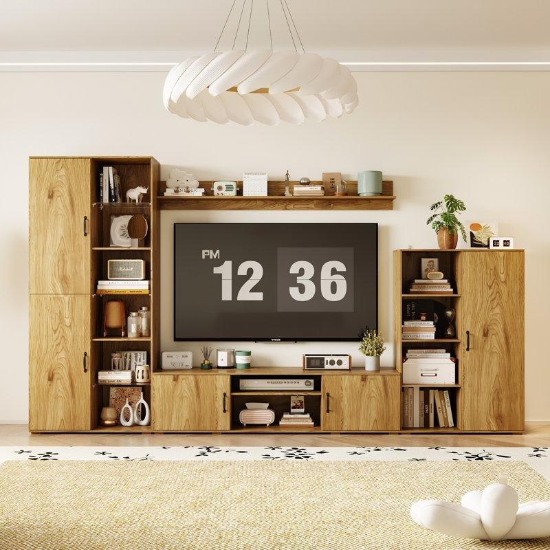 Doğal Ahşap ve Siyah Metal Aksesuarlı 4 Parçalı Dolaplı TV Ünitesi 180x320 cm - 78820