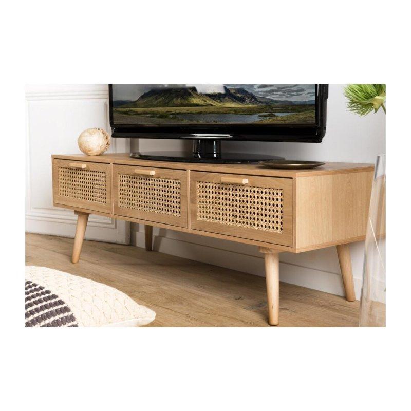Doğal Dokulu Hasır Desenli 3 Çekmeceli TV Sehpası 120 cm