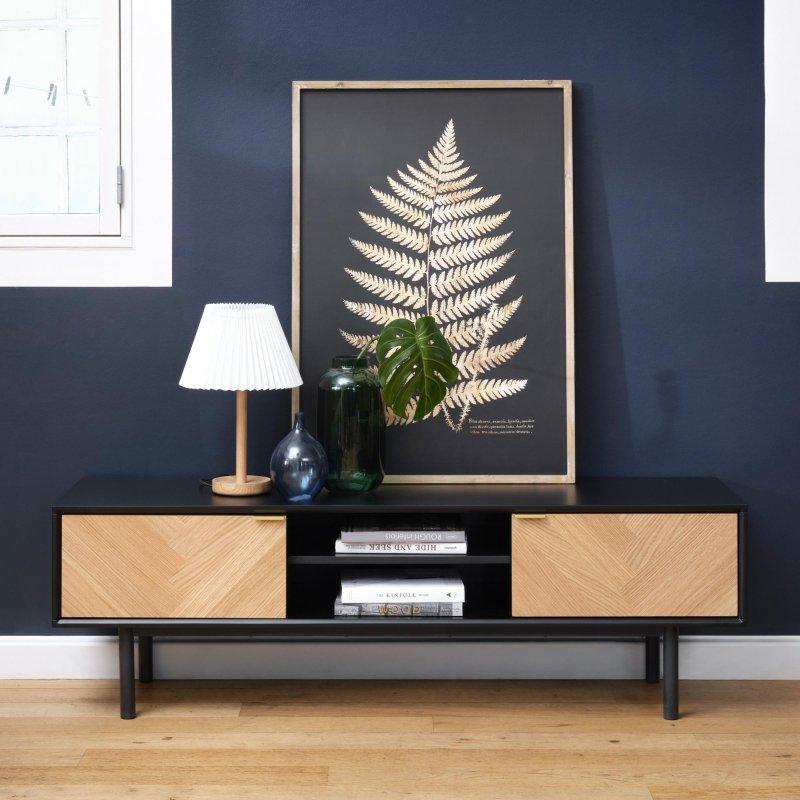 Doğal Meşe ve Siyah Renkli Balık Sırtı Desenli TV Ünitesi 160x50x43 cm - 78895